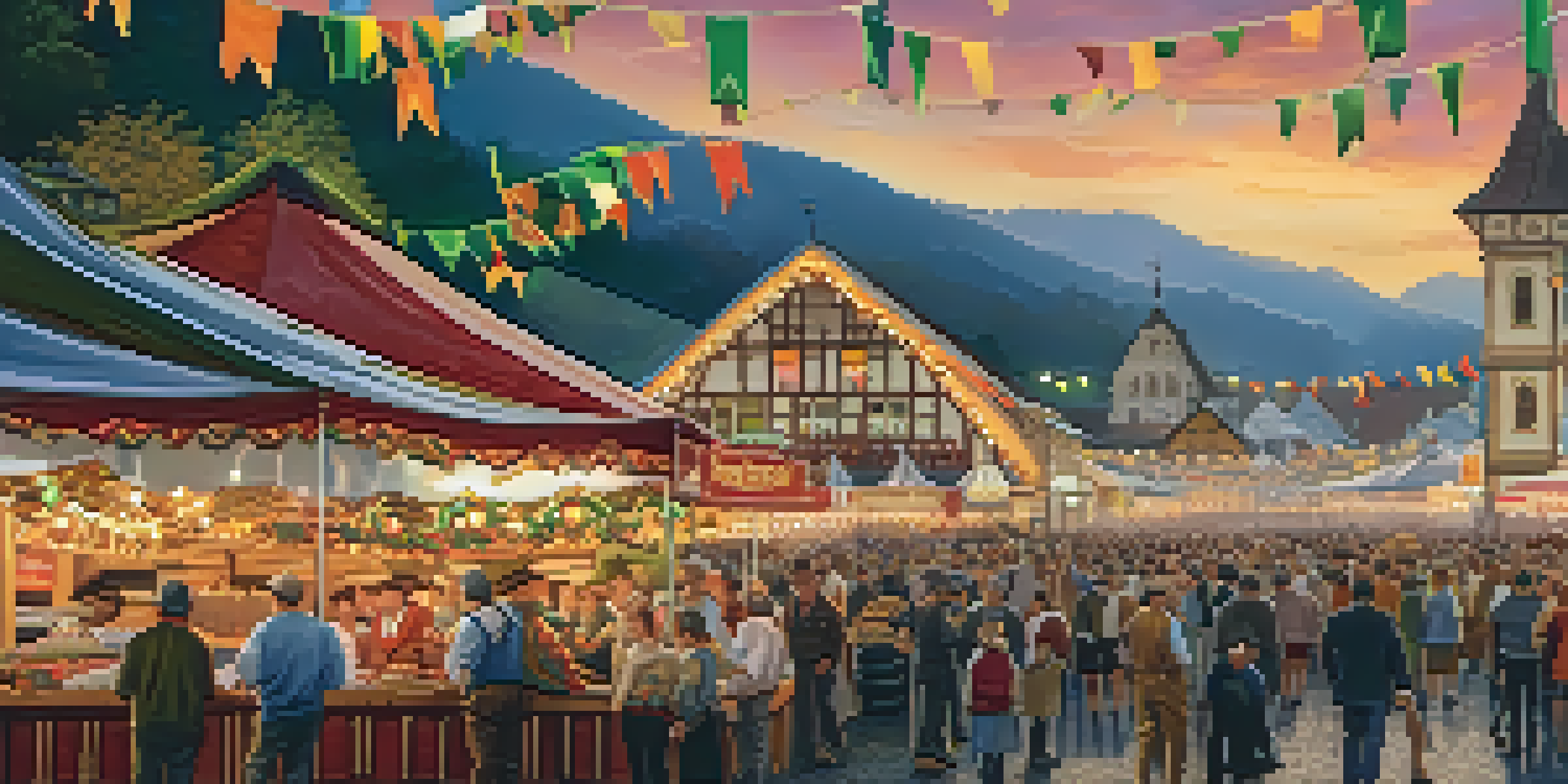 A lively Oktoberfest scene with colorful food stalls and people in traditional costumes enjoying the festival atmosphere.