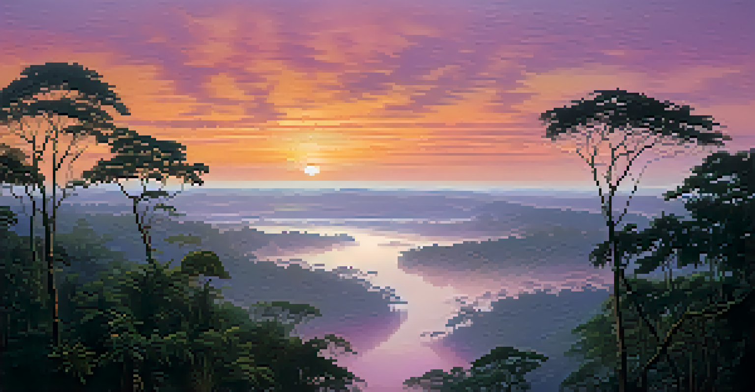 A panoramic view of the Amazon rainforest at sunrise, with mist rising above the treetops and a river reflecting the colorful sky.