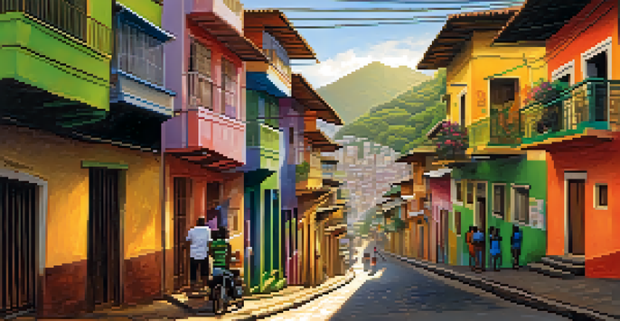 A colorful street scene in the favelas of Rio de Janeiro during sunset, with people going about their daily lives.
