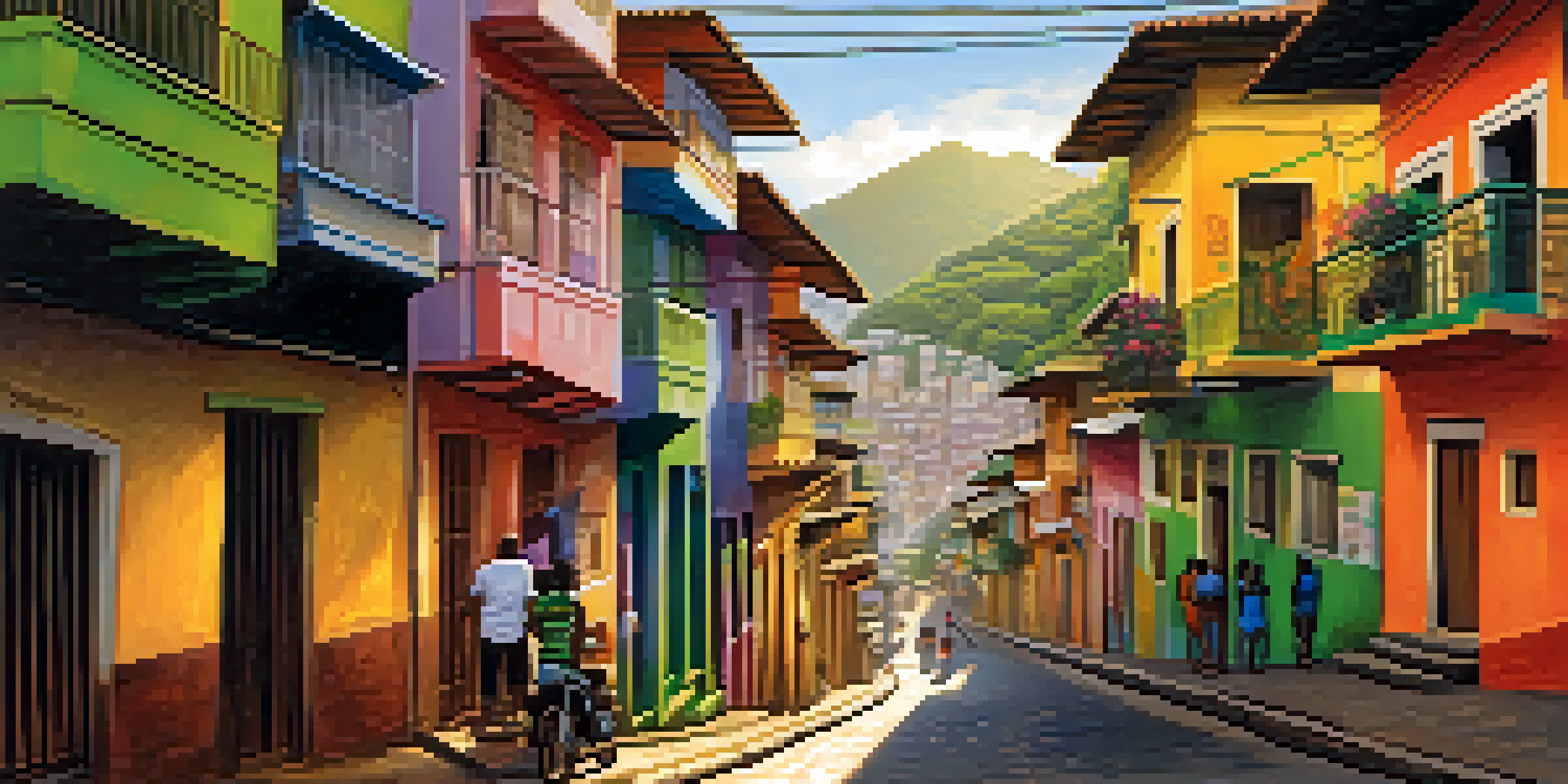 A colorful street scene in the favelas of Rio de Janeiro during sunset, with people going about their daily lives.