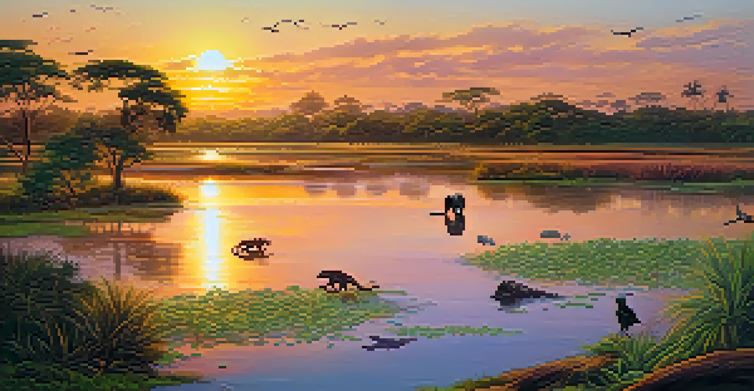 A serene Pantanal wetland scene at sunset with a jaguar, capybaras, and colorful birds, reflecting warm colors on the water.