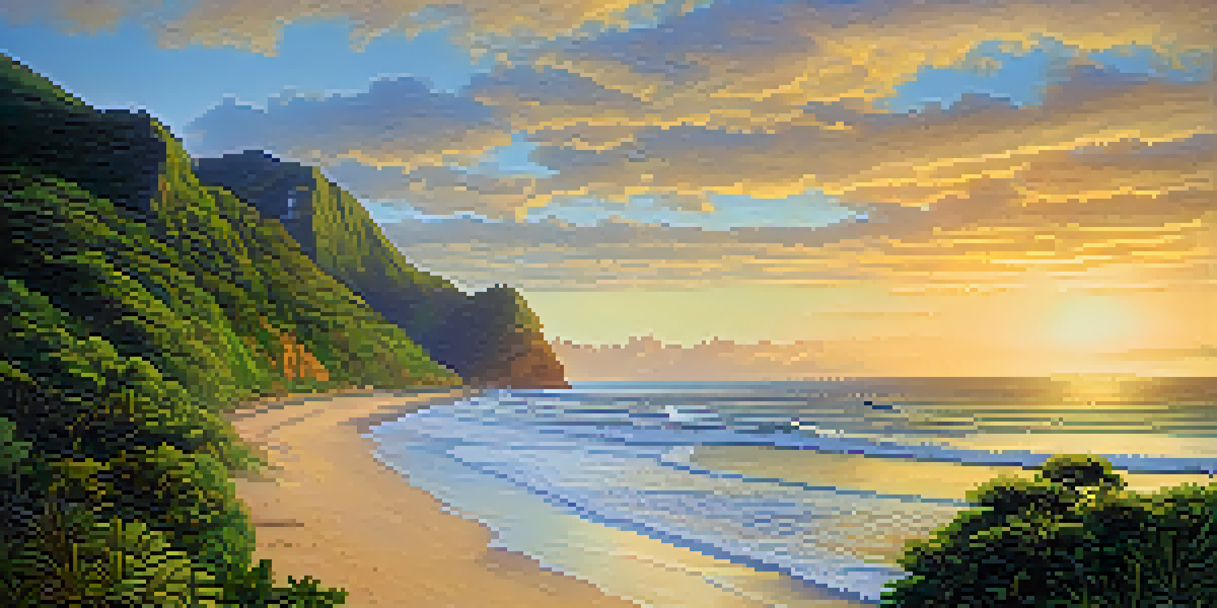 A sunrise scene over Brazil's coastline, showcasing lush greenery, sandy beach, and dramatic cliffs with the sun glowing.