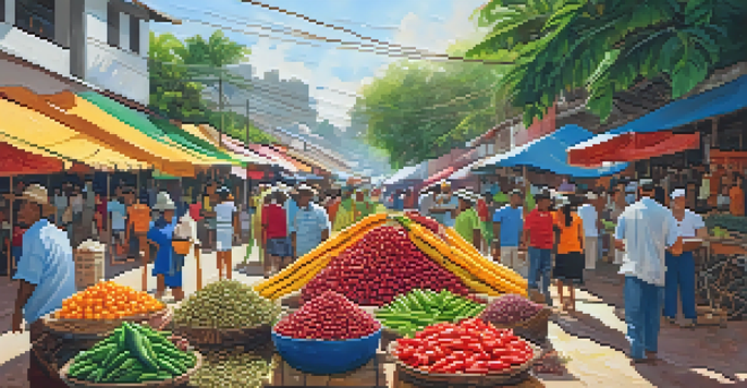 A lively Brazilian market filled with colorful indigenous ingredients like cassava, açaí berries, and peppers, with people shopping and sunlight filtering through the leaves.