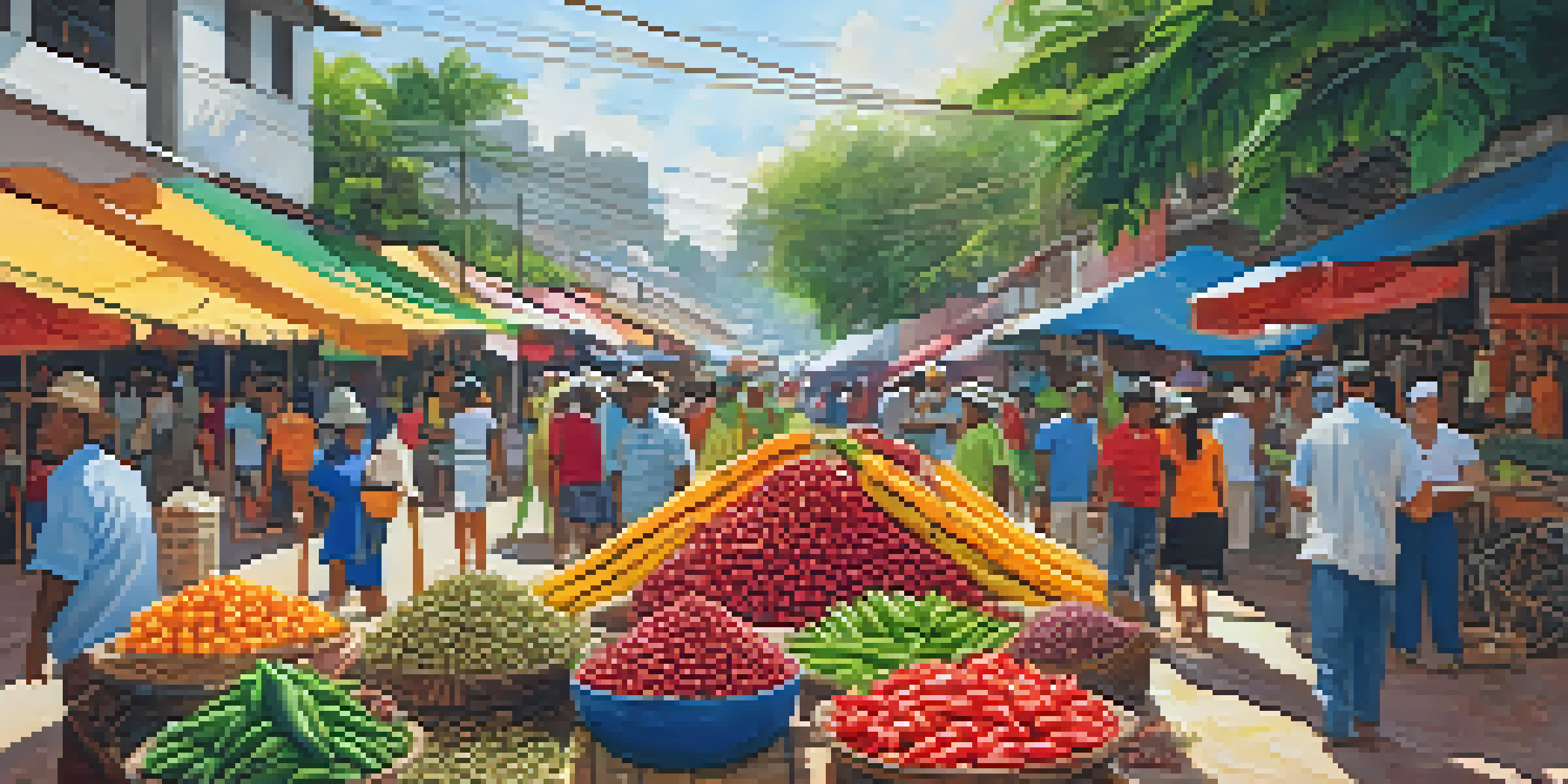 A lively Brazilian market filled with colorful indigenous ingredients like cassava, açaí berries, and peppers, with people shopping and sunlight filtering through the leaves.