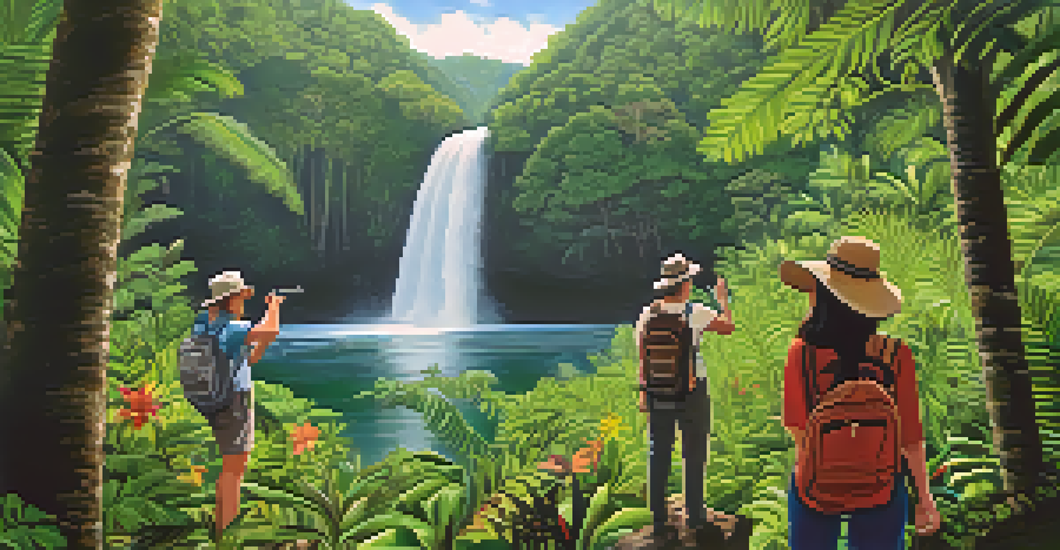 A local guide explaining the Atlantic Forest ecosystem to tourists, surrounded by lush greenery and vibrant flora.