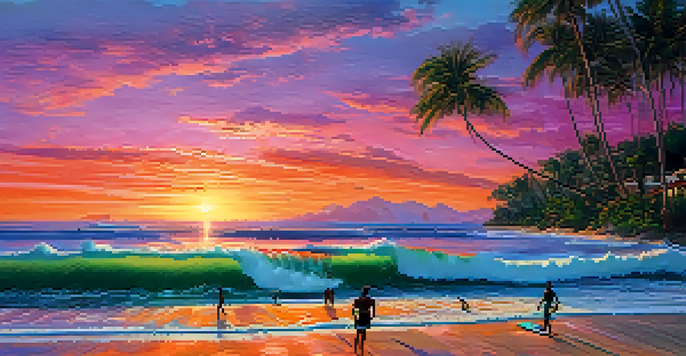 A sunset view at Praia da Concha with surfers on the waves and colorful skies.