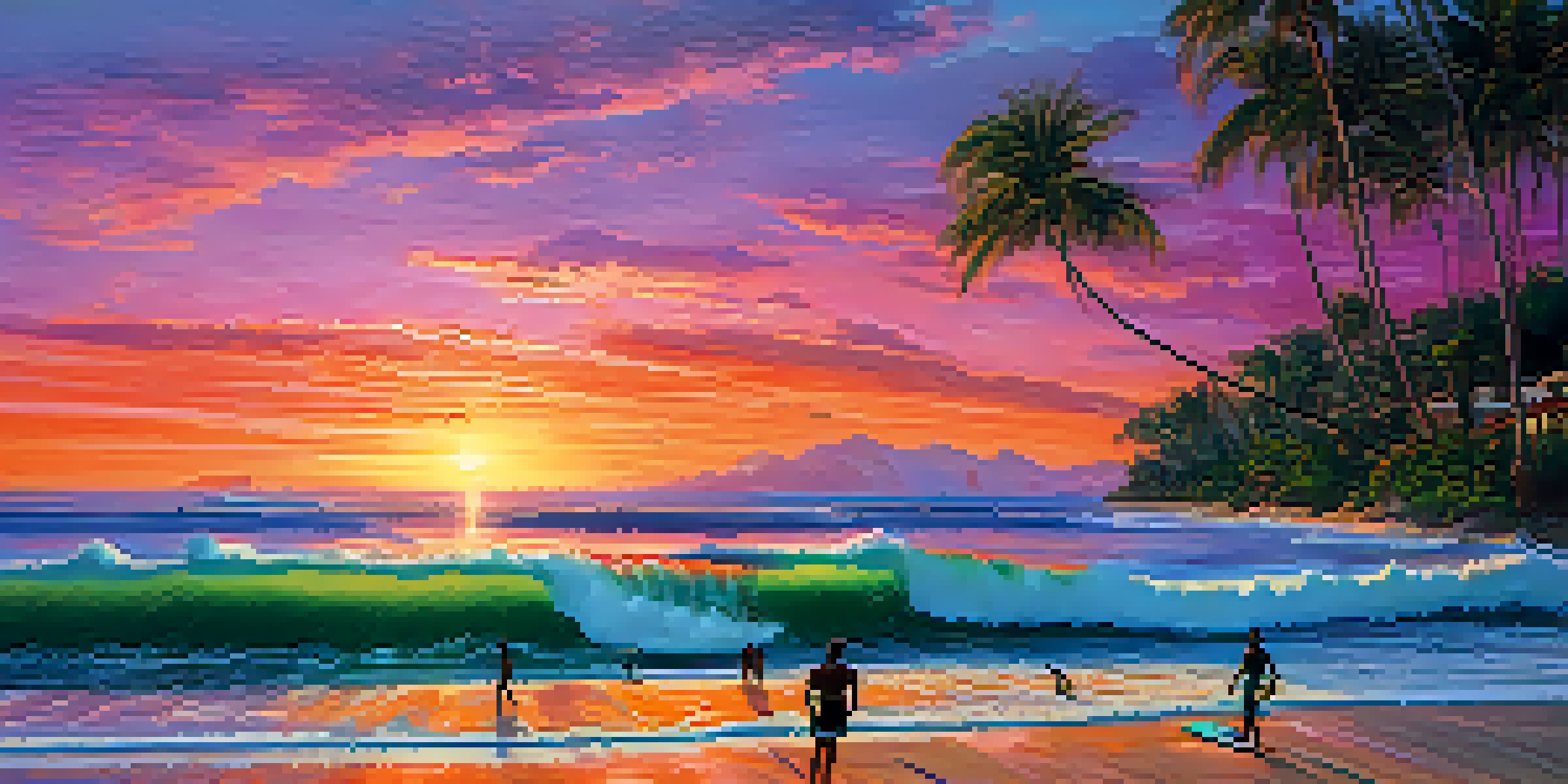 A sunset view at Praia da Concha with surfers on the waves and colorful skies.