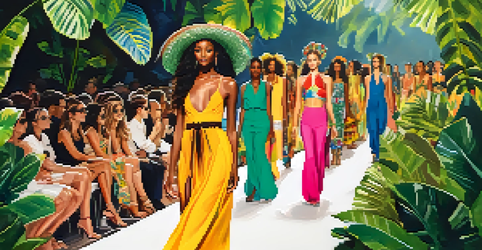 A lively fashion runway at Rio de Janeiro Fashion Week with diverse models wearing colorful outfits, surrounded by tropical plants and an engaged audience.