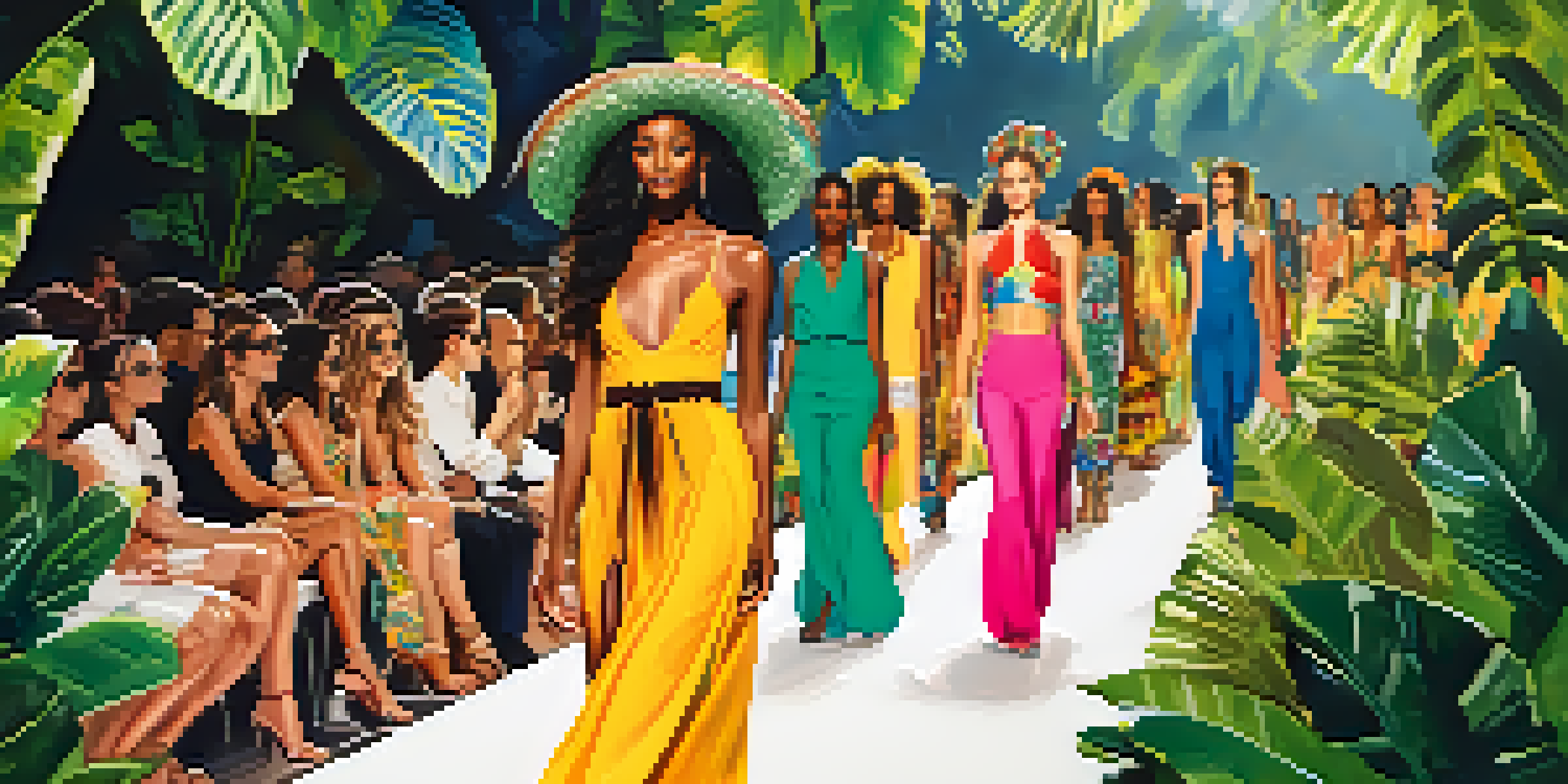 A lively fashion runway at Rio de Janeiro Fashion Week with diverse models wearing colorful outfits, surrounded by tropical plants and an engaged audience.
