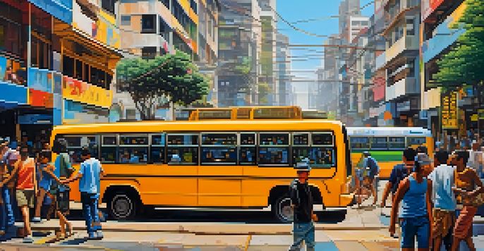 A vibrant street scene in São Paulo with buses, pedestrians, and street vendors under bright sunlight.