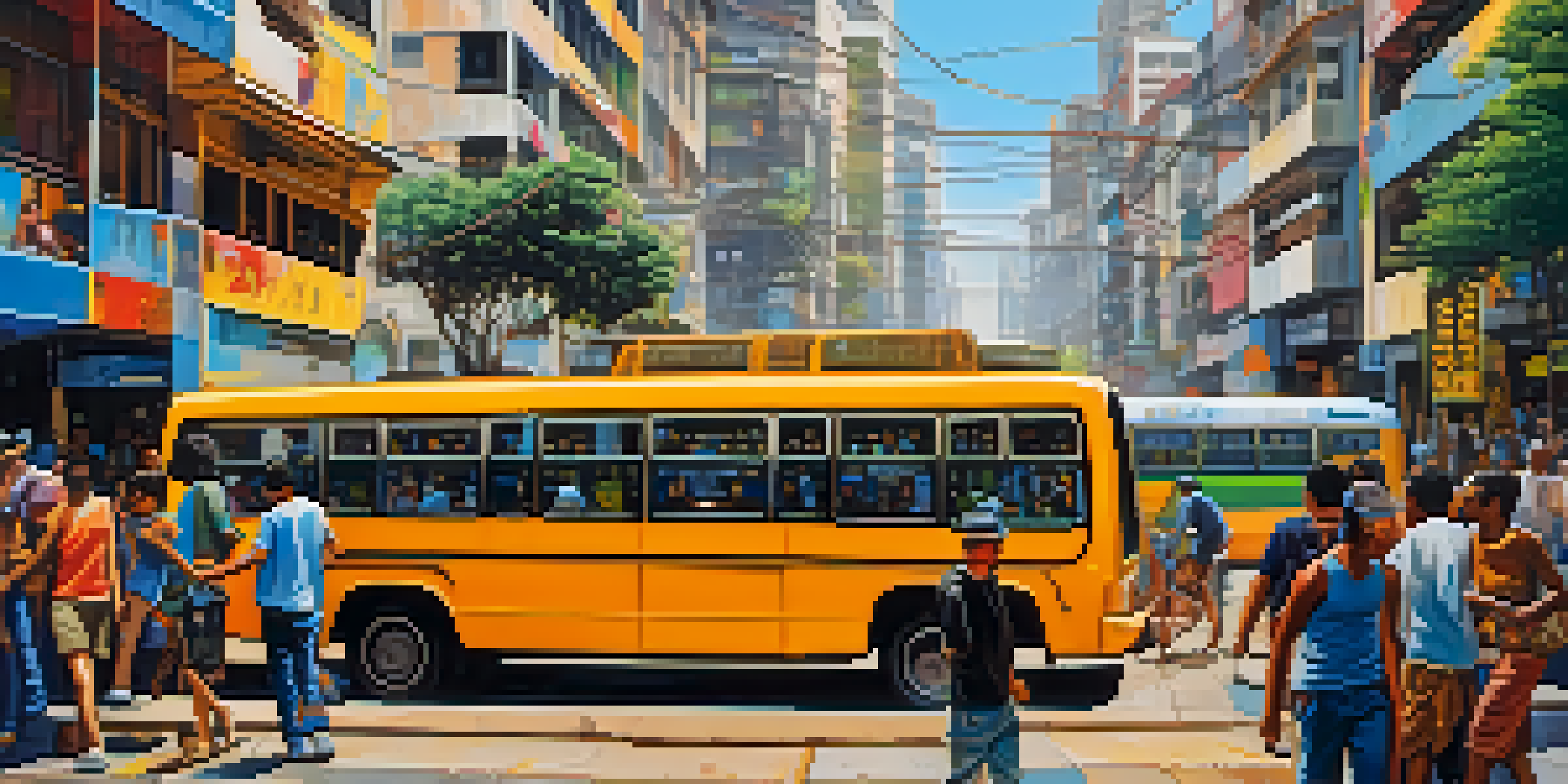 A vibrant street scene in São Paulo with buses, pedestrians, and street vendors under bright sunlight.