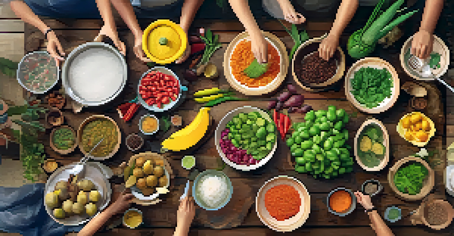 An aerial perspective of a lively cooking class in Brazil, with participants engaged in preparing various traditional dishes using local ingredients.