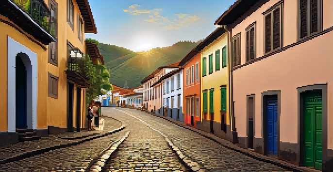 A charming cobbled street in Ouro Preto, Brazil, with colorful baroque architecture and locals walking under warm golden hour light.