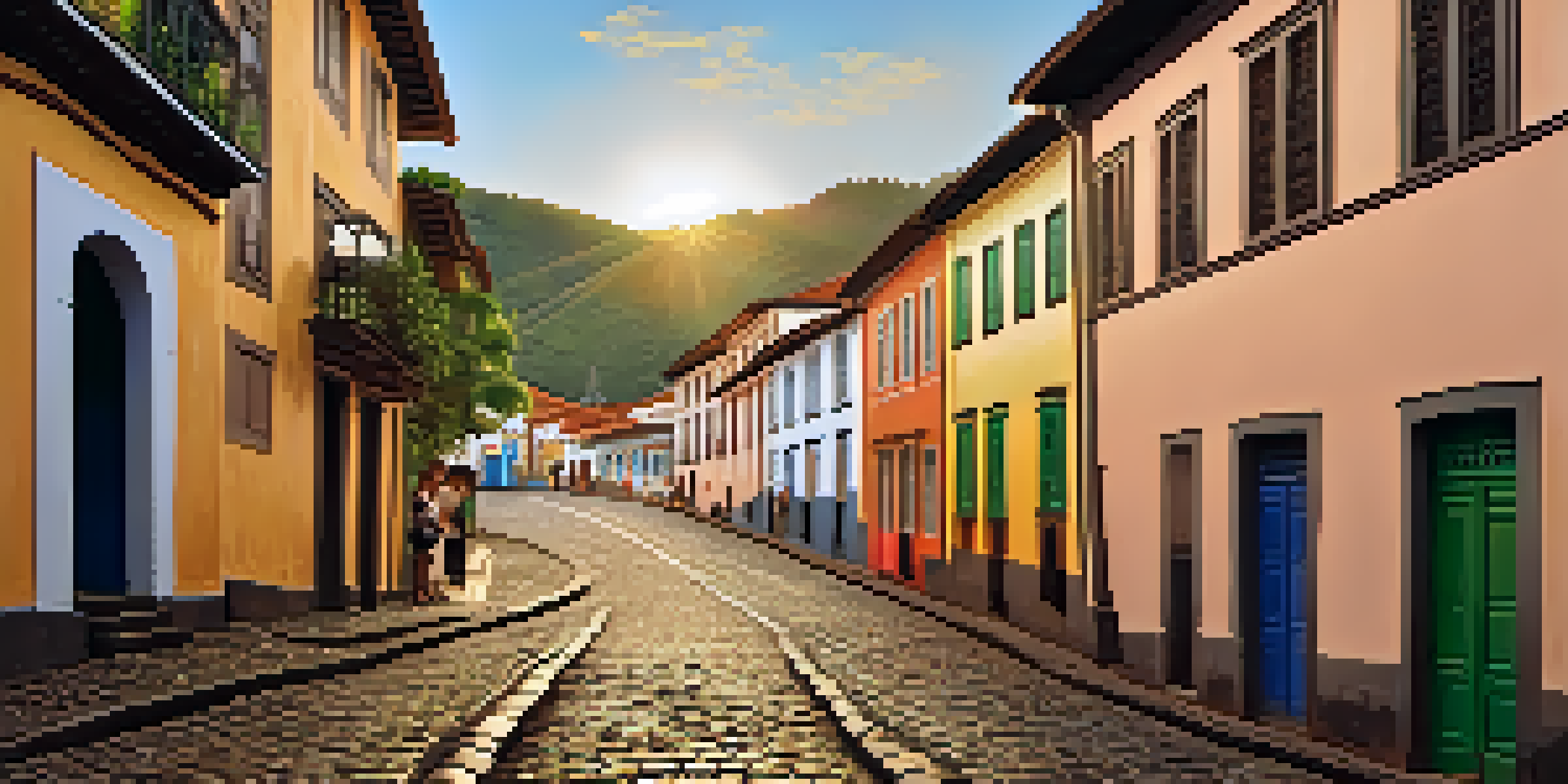 A charming cobbled street in Ouro Preto, Brazil, with colorful baroque architecture and locals walking under warm golden hour light.