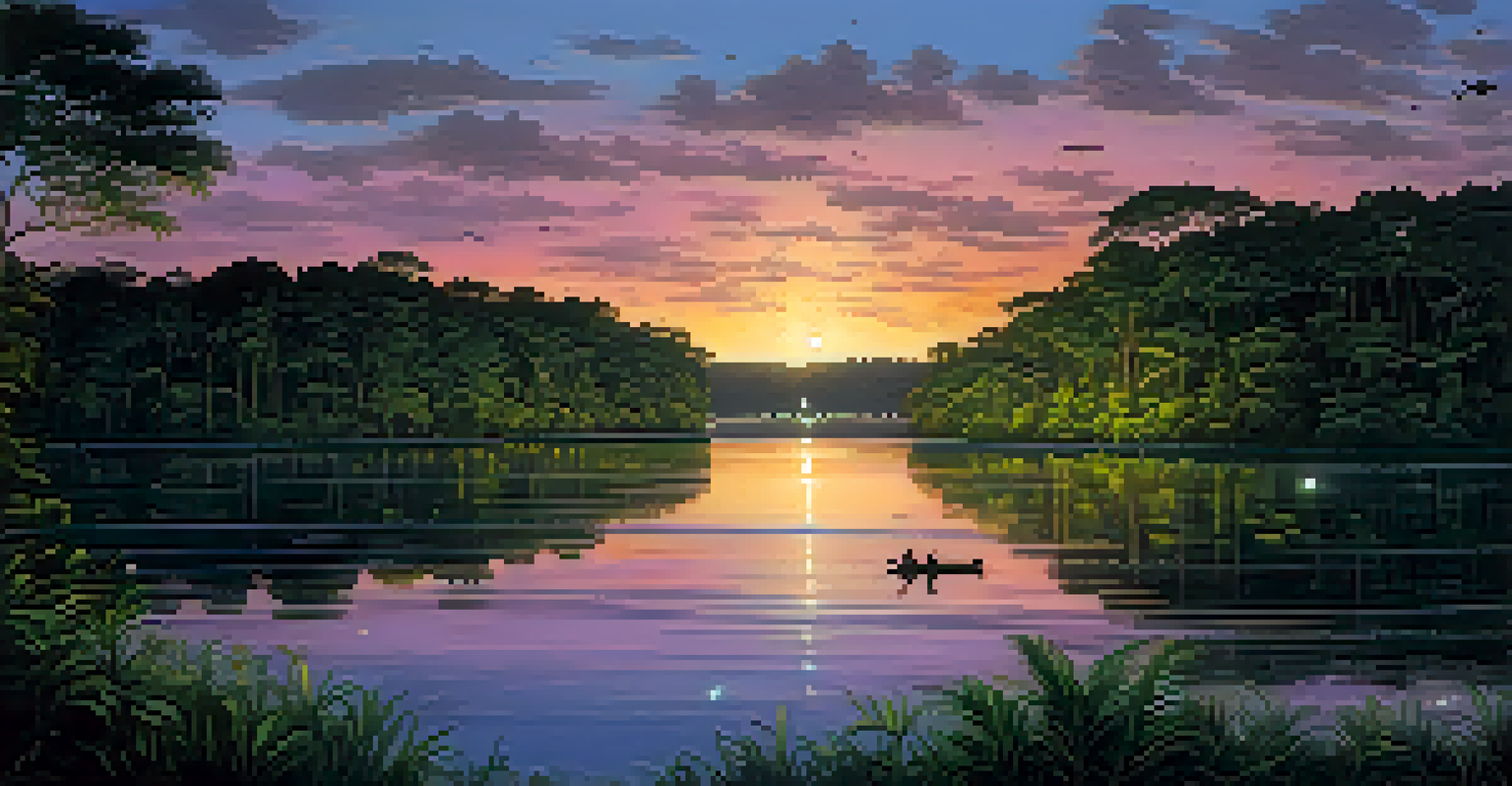 A peaceful Amazon rainforest at dusk with a river reflecting a colorful sunset and silhouetted trees.