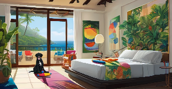 A bright and inviting pet-friendly hotel room with a happy dog resting on the floor, colorful pillows on the bed, and a view of a lush garden outside.