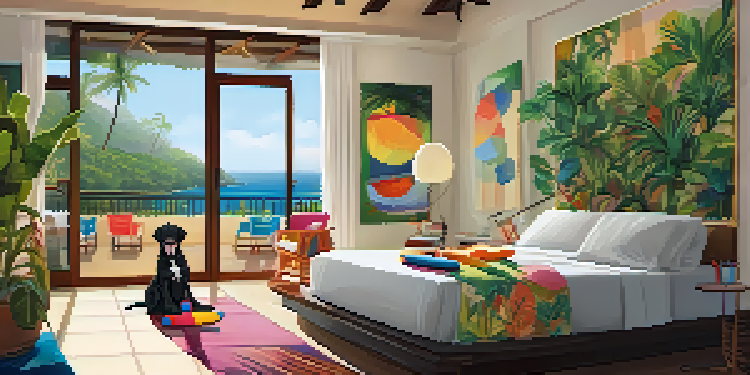 A bright and inviting pet-friendly hotel room with a happy dog resting on the floor, colorful pillows on the bed, and a view of a lush garden outside.