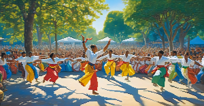 A colorful Capoeira circle with diverse practitioners performing acrobatics in a sunny park, surrounded by an engaged audience.