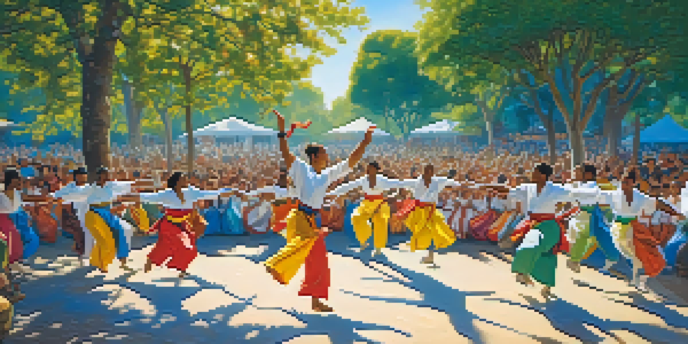 A colorful Capoeira circle with diverse practitioners performing acrobatics in a sunny park, surrounded by an engaged audience.
