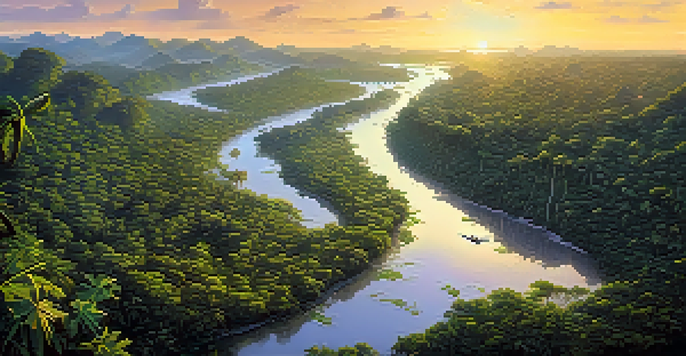 An aerial view of the Amazon Rainforest with green trees, rivers, and colorful flowers in warm sunlight.