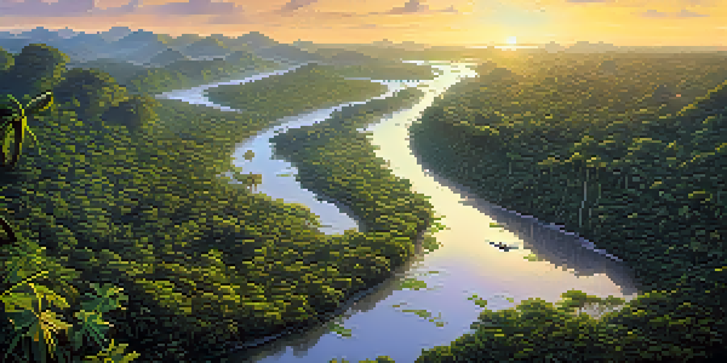 An aerial view of the Amazon Rainforest with green trees, rivers, and colorful flowers in warm sunlight.