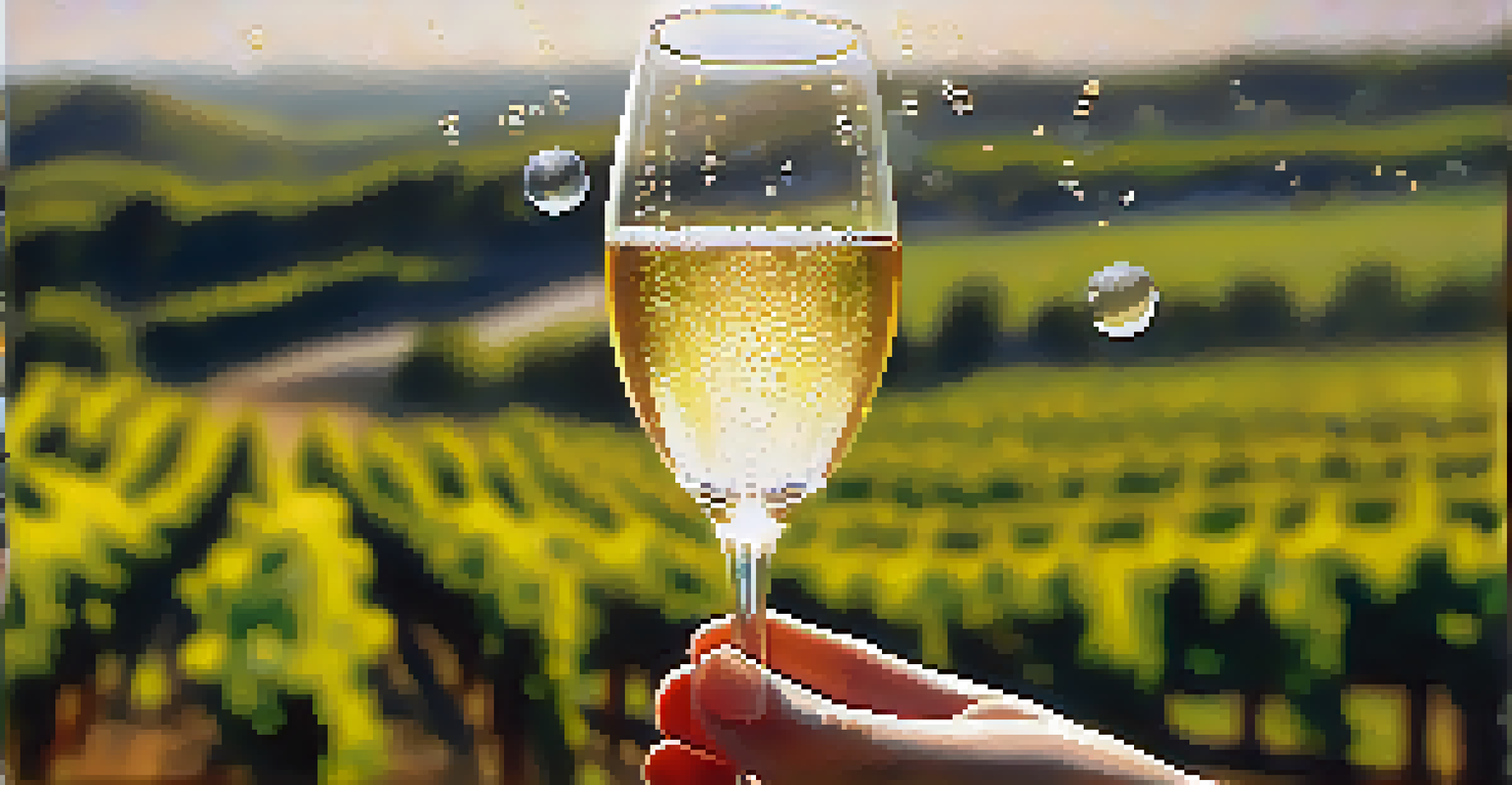 A close-up of a sparkling wine flute with bubbles, set against a softly blurred vineyard in the background.