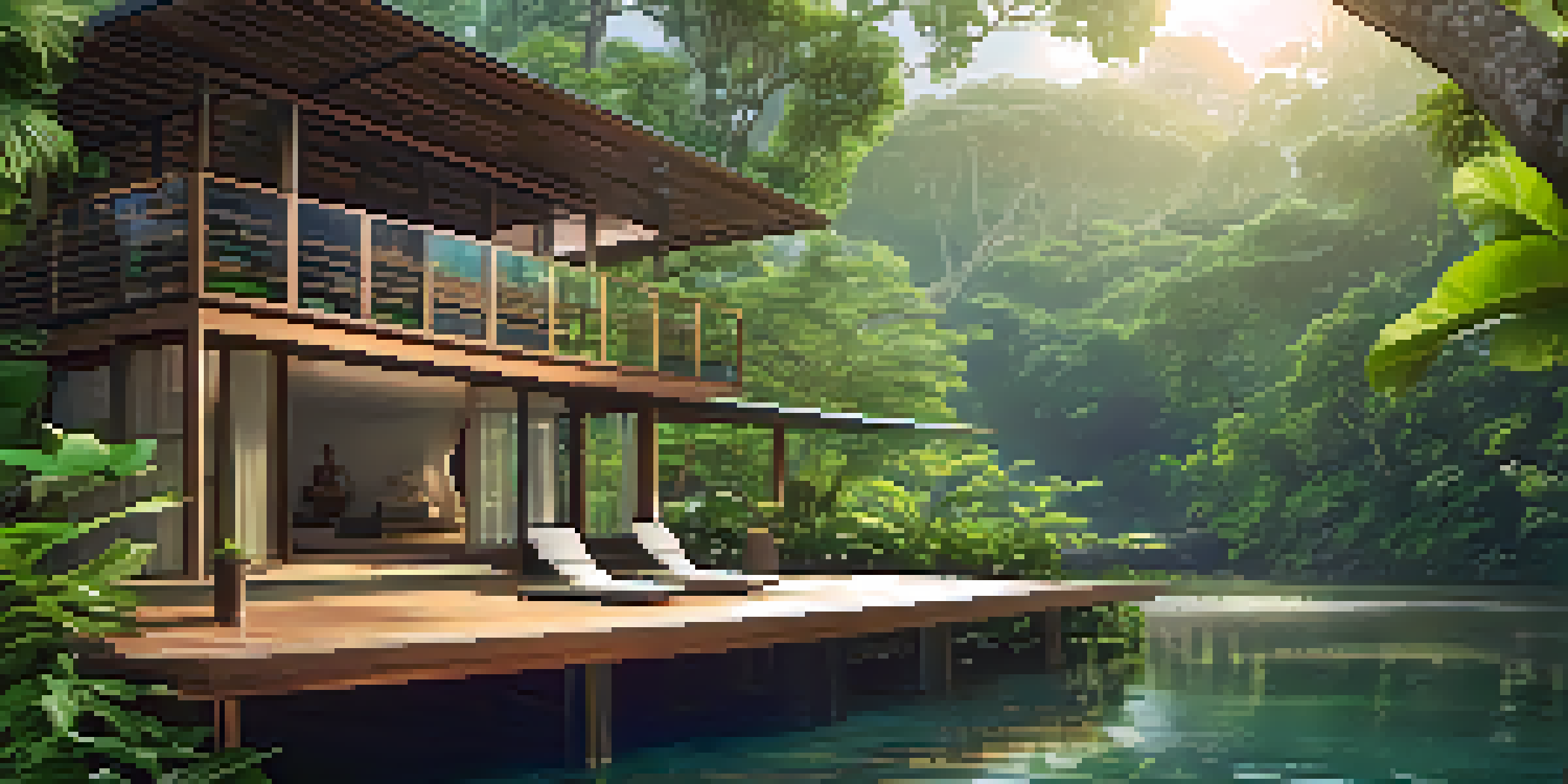 A peaceful Ayurveda retreat in the Amazon rainforest with yoga mats on a wooden deck, surrounded by lush greenery and a small waterfall in the background.