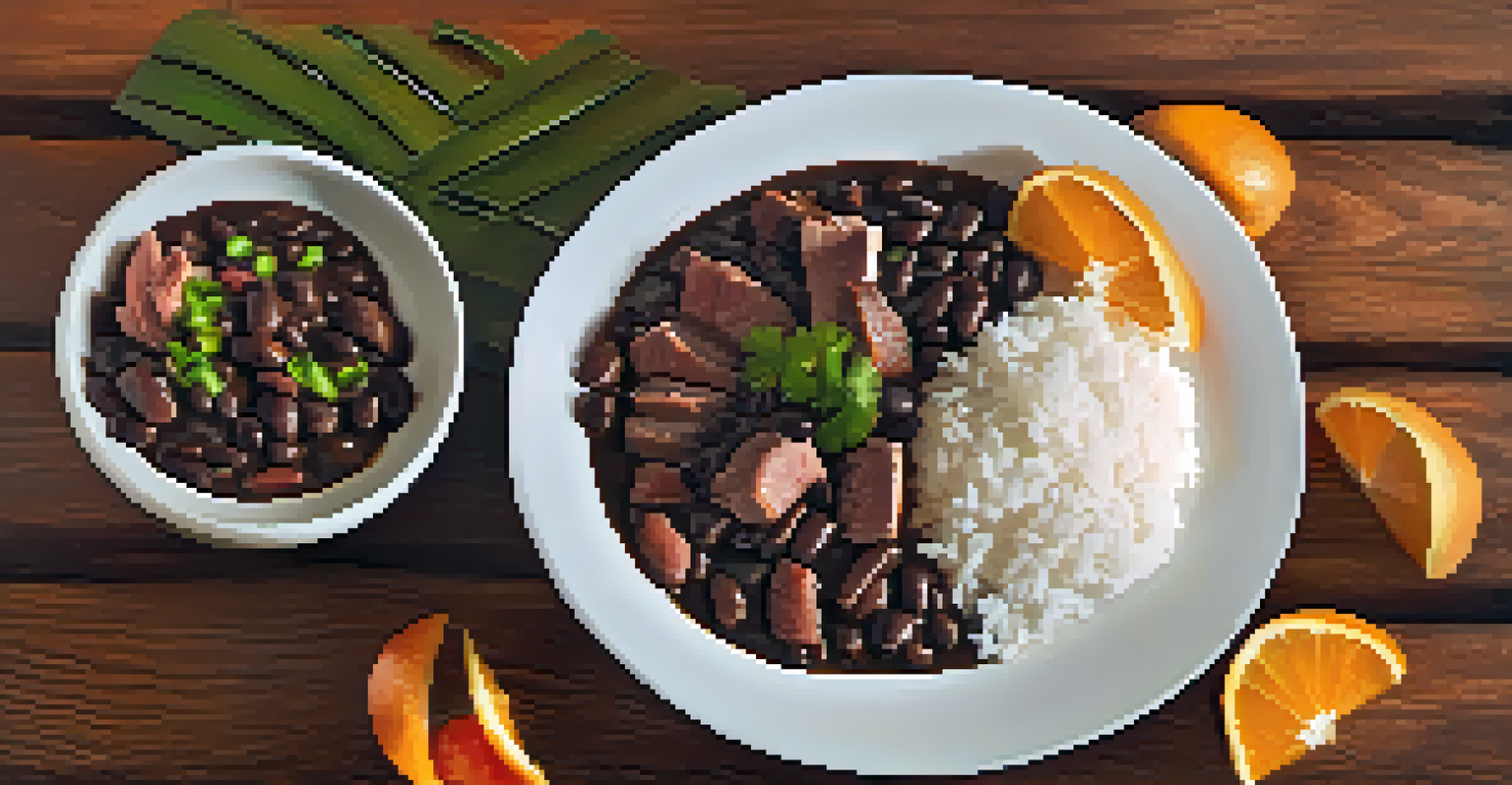 A beautifully arranged plate of feijoada with rice and orange slices, highlighting Brazilian cuisine.