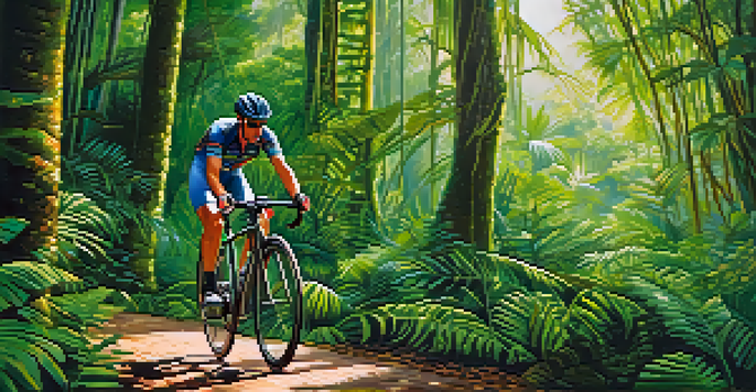 A cyclist in bright gear riding through the green Amazon rainforest with sunlight filtering through the trees.
