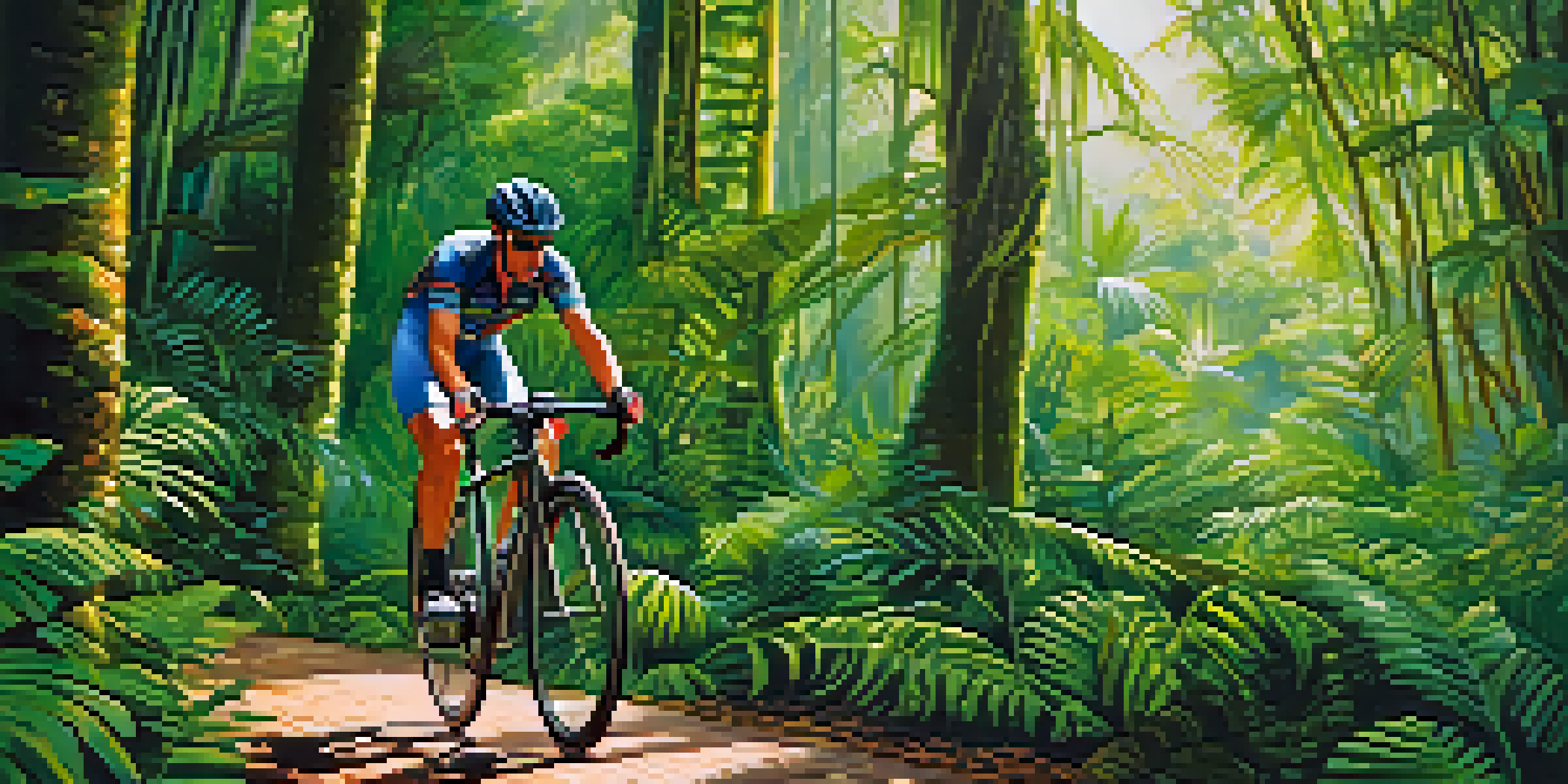 A cyclist in bright gear riding through the green Amazon rainforest with sunlight filtering through the trees.