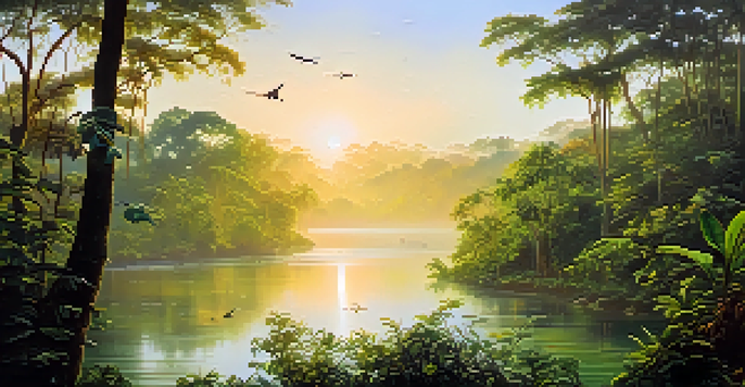 A peaceful Amazon Rainforest scene at sunrise, showcasing mist over the river and colorful birds among lush green trees.