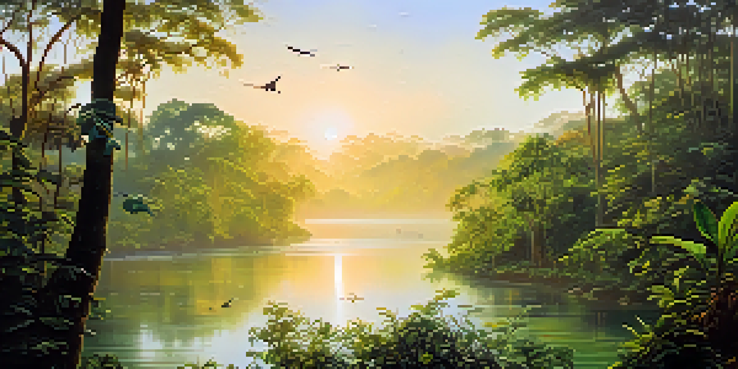 A peaceful Amazon Rainforest scene at sunrise, showcasing mist over the river and colorful birds among lush green trees.