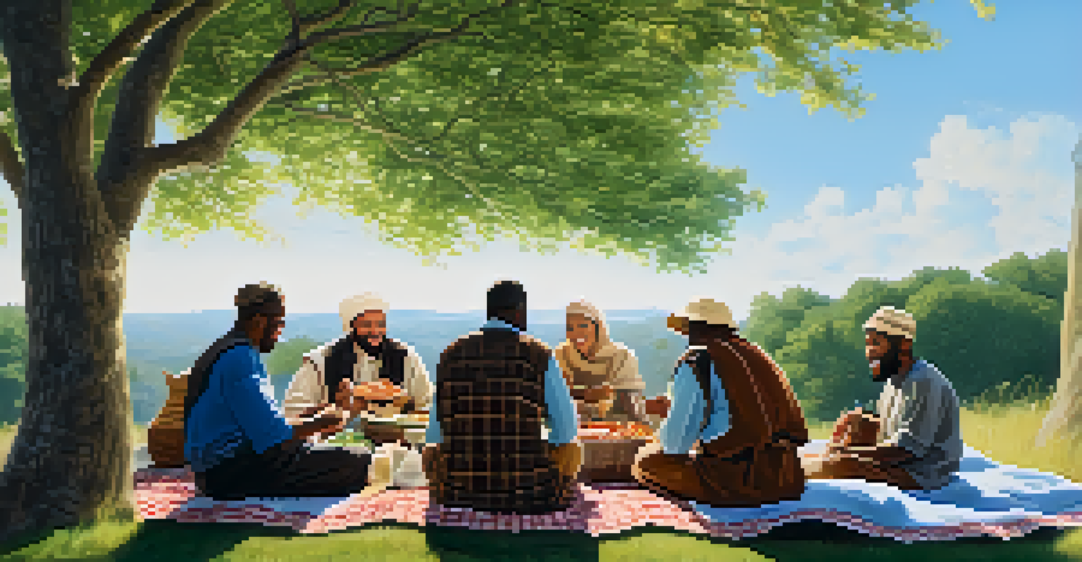 A diverse group of pilgrims enjoying a communal meal outdoors, laughing and sharing stories, surrounded by nature.