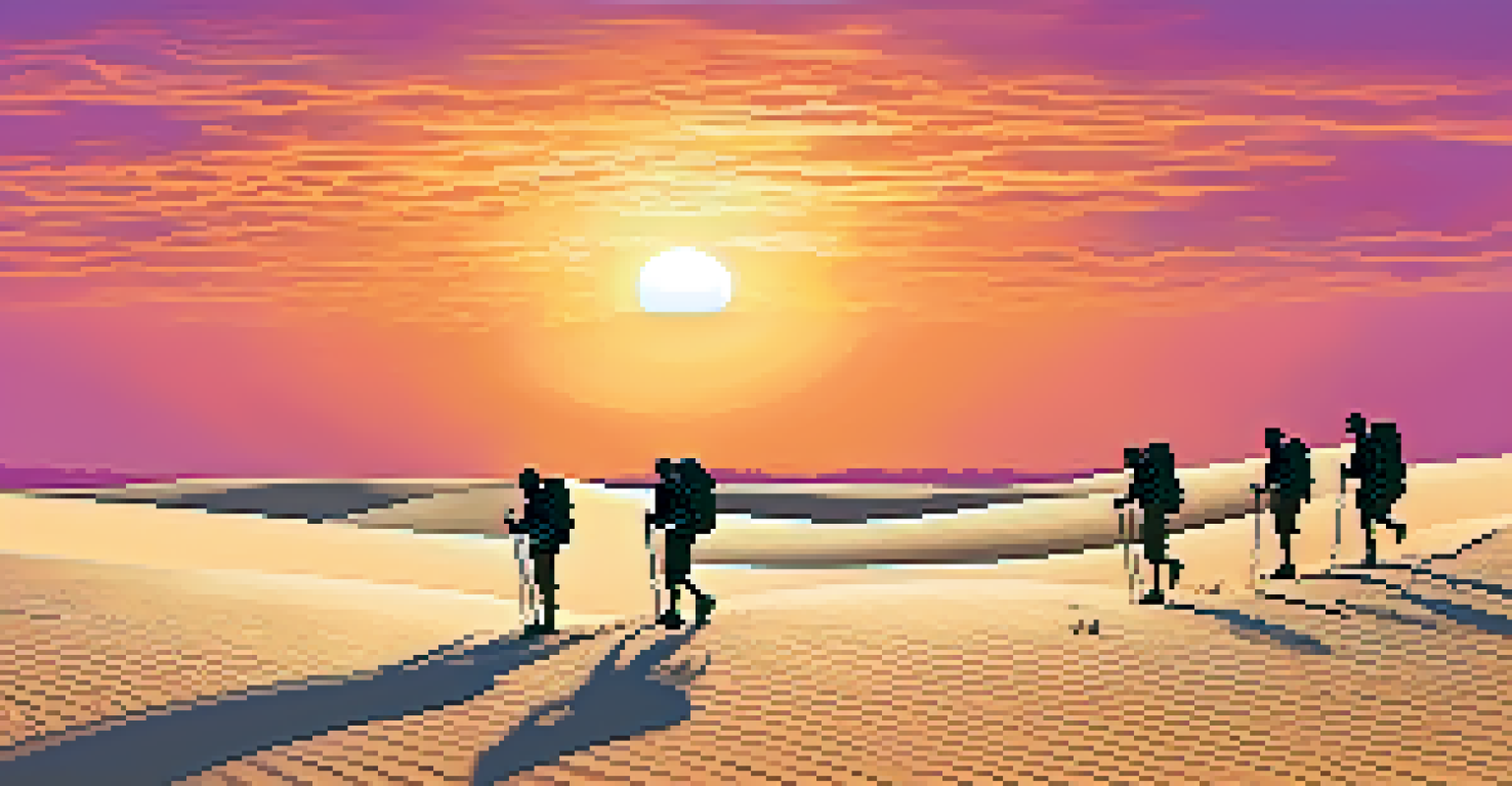 Tourists hiking on sand dunes in Lençóis Maranhenses during sunset with colorful sky.
