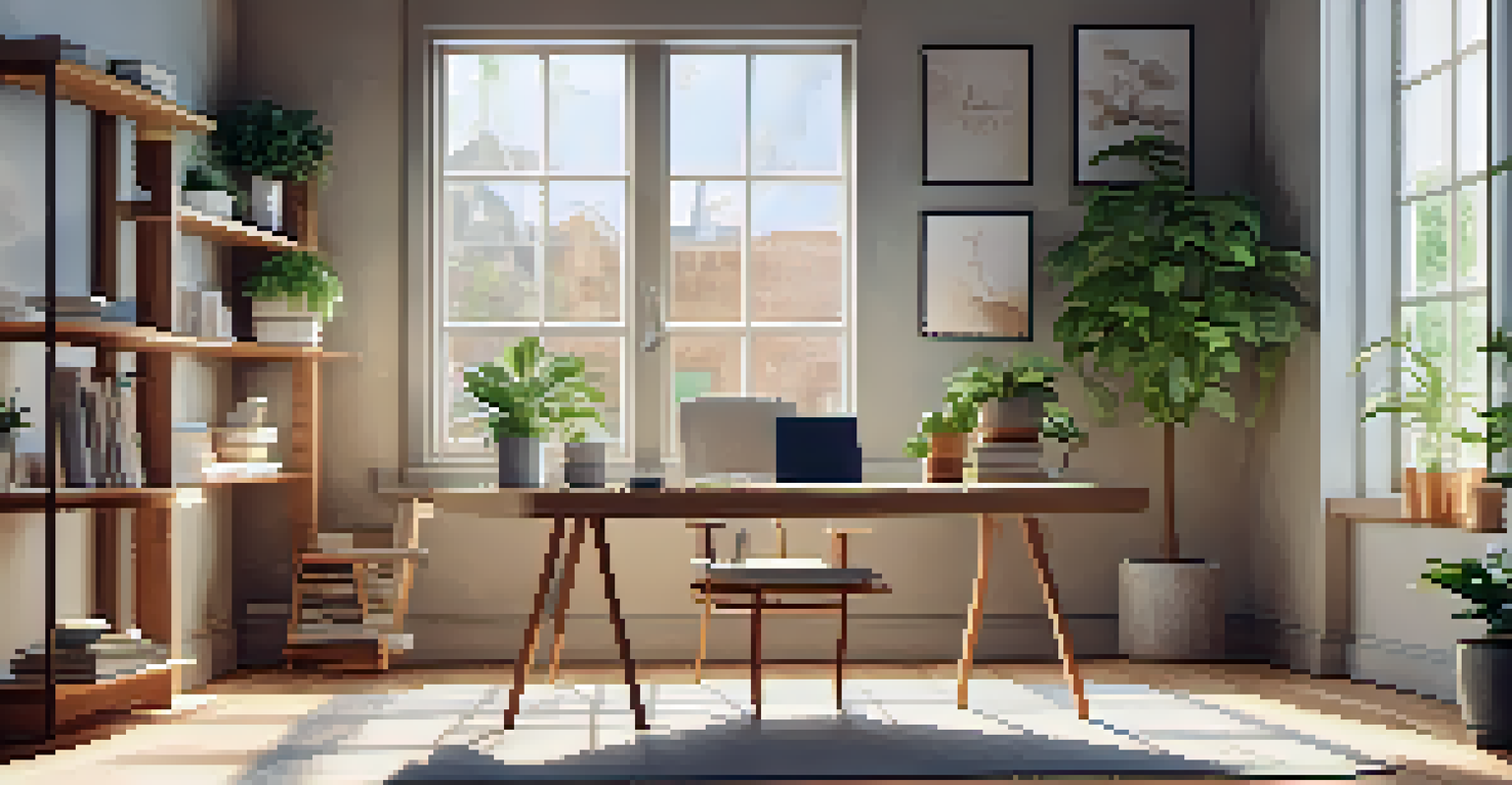 A peaceful workspace with a chair, plants, wellness books, and a yoga mat, illuminated by soft natural light, promoting well-being.