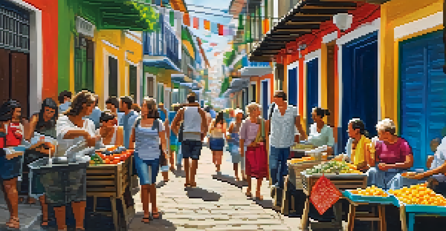 A traveler using a phrasebook in a vibrant Brazilian street market.
