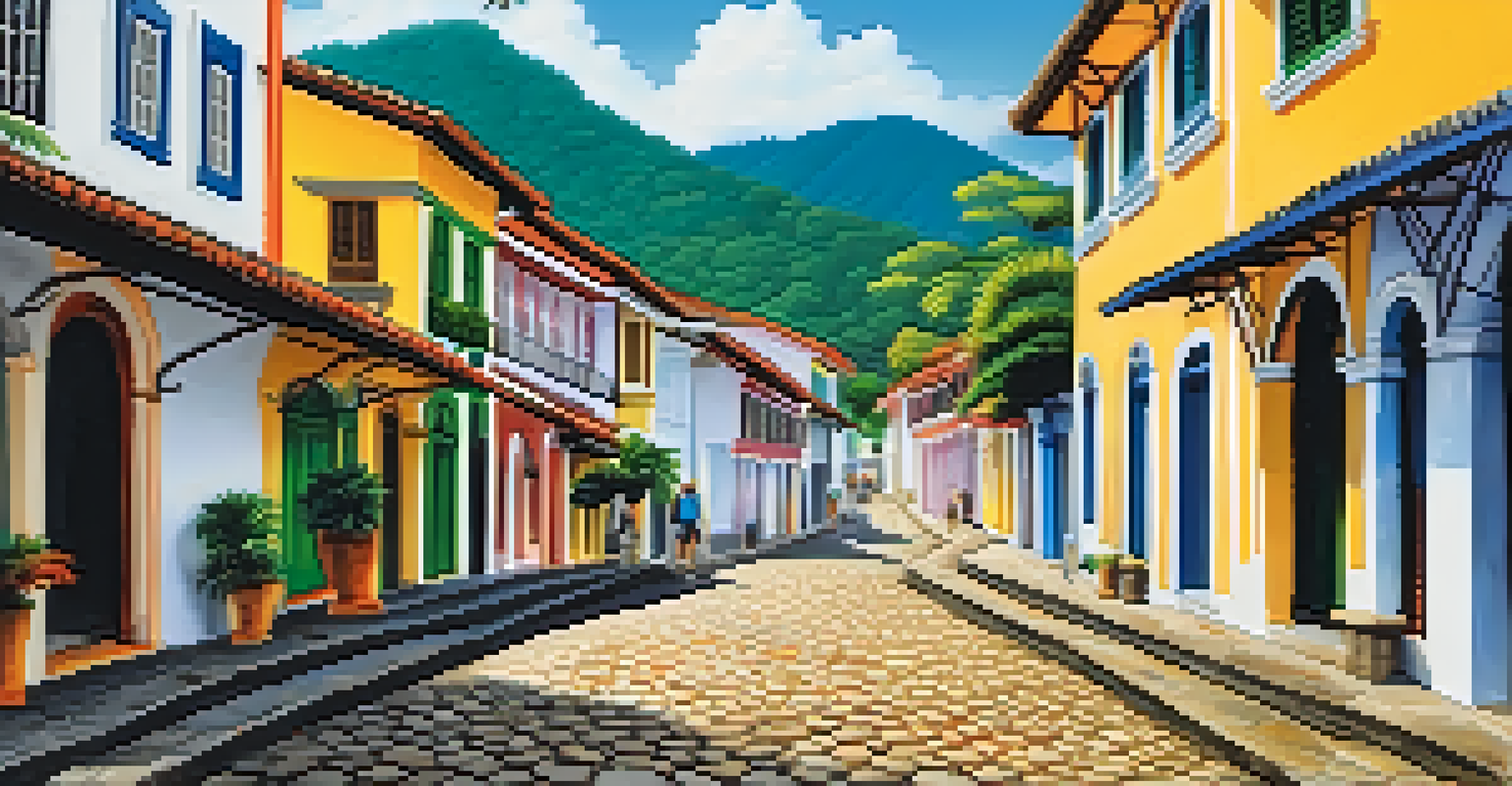 A picturesque cobblestone street in Paraty, Brazil, with colorful colonial buildings, local artisans, and people enjoying the lively cultural scene.