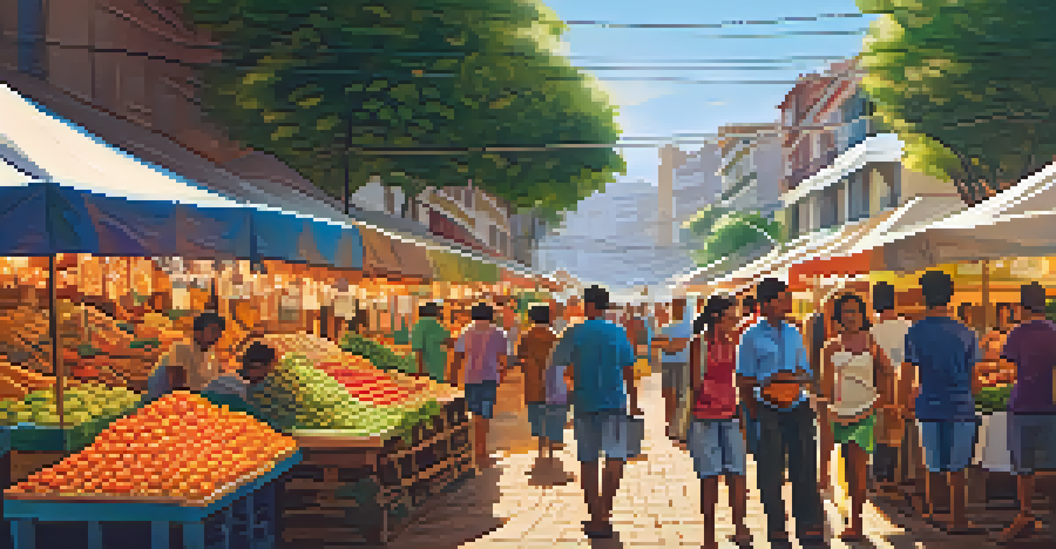 A lively street market in Brazil with stalls of fresh fruits, crafts, and people interacting.