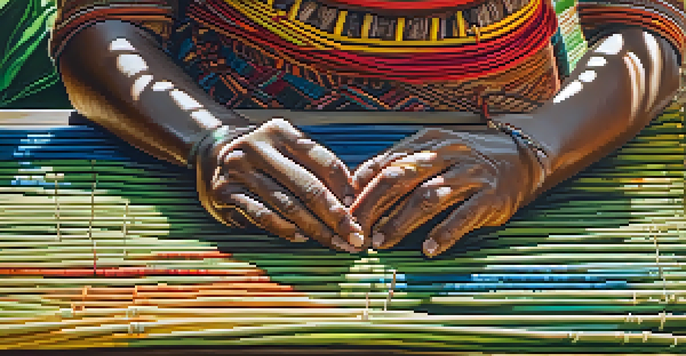 Close-up of an Indigenous artisan weaving a colorful textile with their hands, surrounded by the green Amazon rainforest.