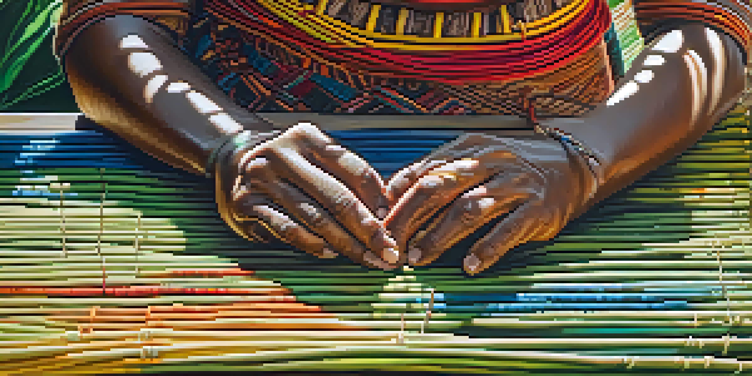 Close-up of an Indigenous artisan weaving a colorful textile with their hands, surrounded by the green Amazon rainforest.