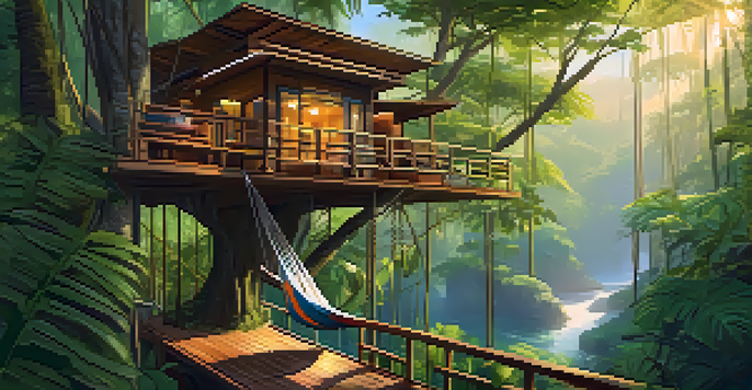 A treehouse eco-resort surrounded by lush rainforest and exotic birds, with sunlight filtering through the leaves.