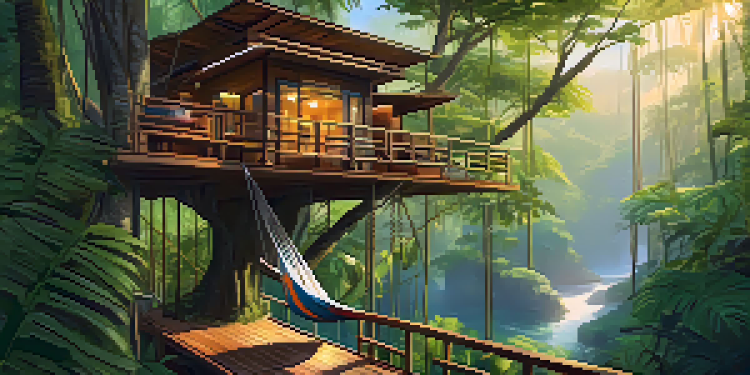 A treehouse eco-resort surrounded by lush rainforest and exotic birds, with sunlight filtering through the leaves.
