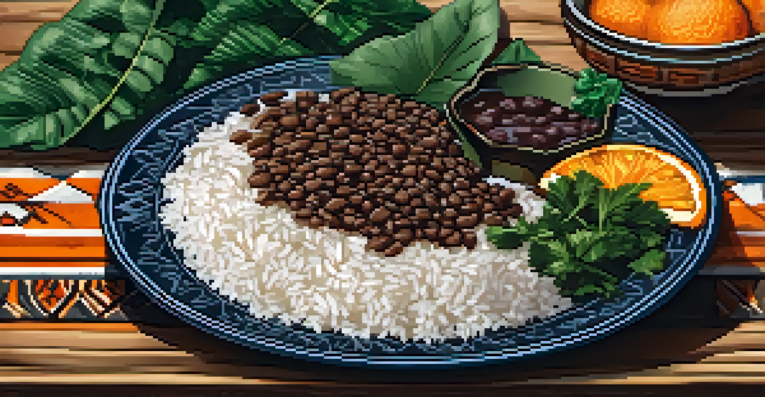 A plate of feijoada, a traditional Brazilian dish, served with rice and collard greens on a rustic wooden table with warm lighting.