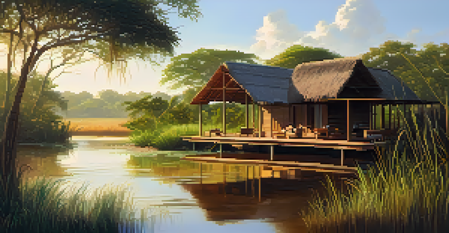 An eco-lodge in the Pantanal wetlands with wildlife, featuring a wooden deck overlooking a river inhabited by caimans and capybaras.