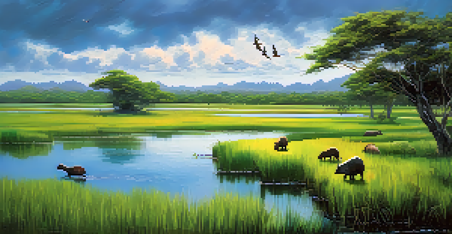 A panoramic view of the Pantanal wetlands with a capybara and birds, showcasing the vibrant ecosystem.