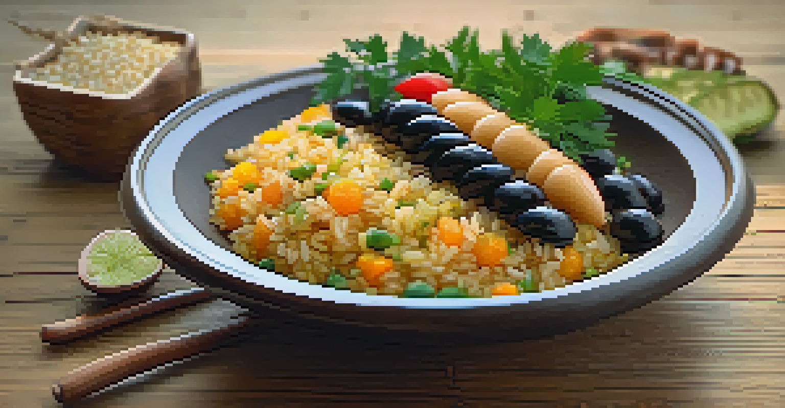 A plate of 'arroz com pequi' with rice and pequi fruit, beautifully presented on a wooden table.