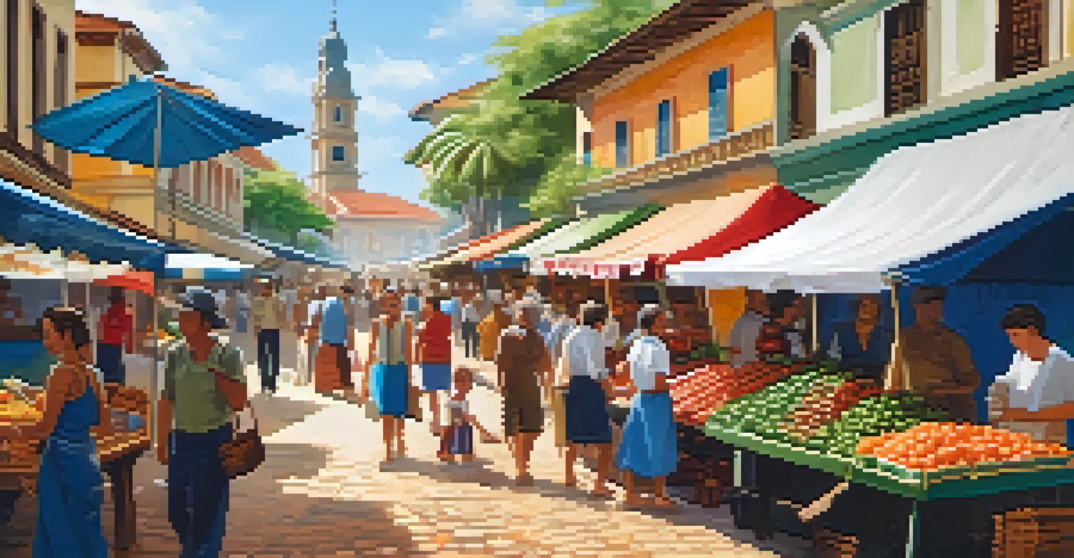 A lively outdoor market in a historical Brazilian town, with stalls selling coffee, fresh produce, and crafts, surrounded by colonial buildings.