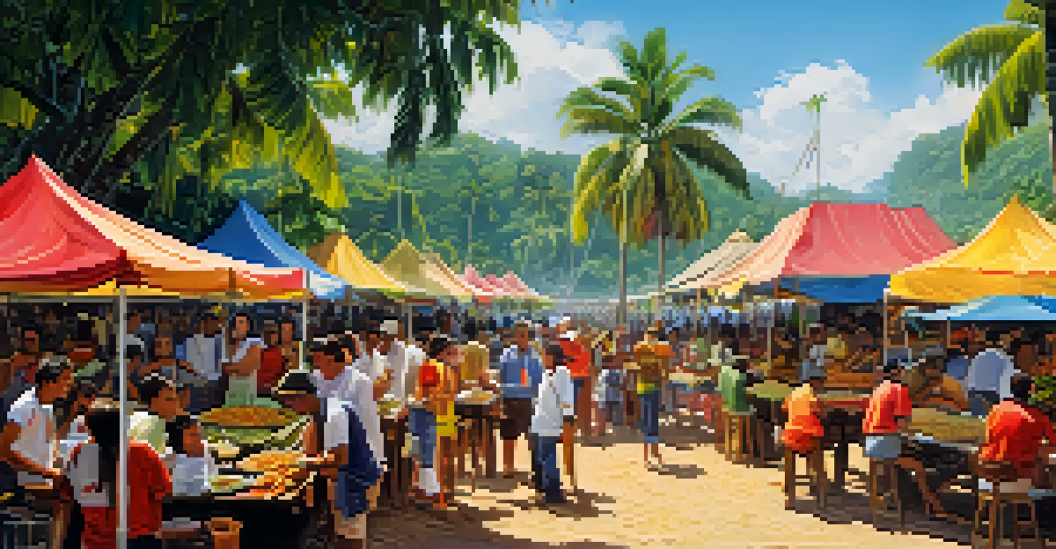 Festival-goers enjoying traditional Amazonian cuisine at the Festival of Parintins, surrounded by colorful food stalls and a sunny atmosphere.