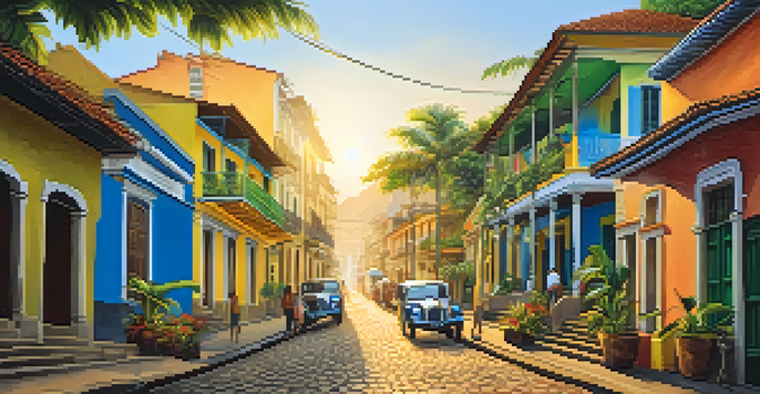 A colorful street in Santa Teresa, Rio de Janeiro, featuring colonial houses, tropical plants, and locals enjoying coffee at a cafe.