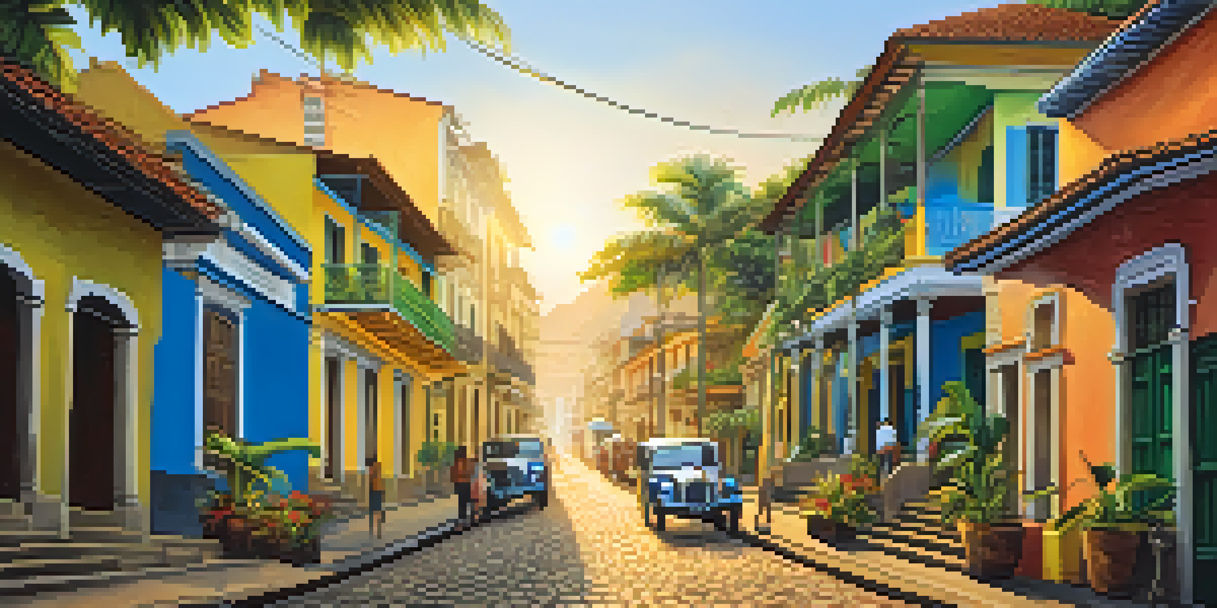 A colorful street in Santa Teresa, Rio de Janeiro, featuring colonial houses, tropical plants, and locals enjoying coffee at a cafe.